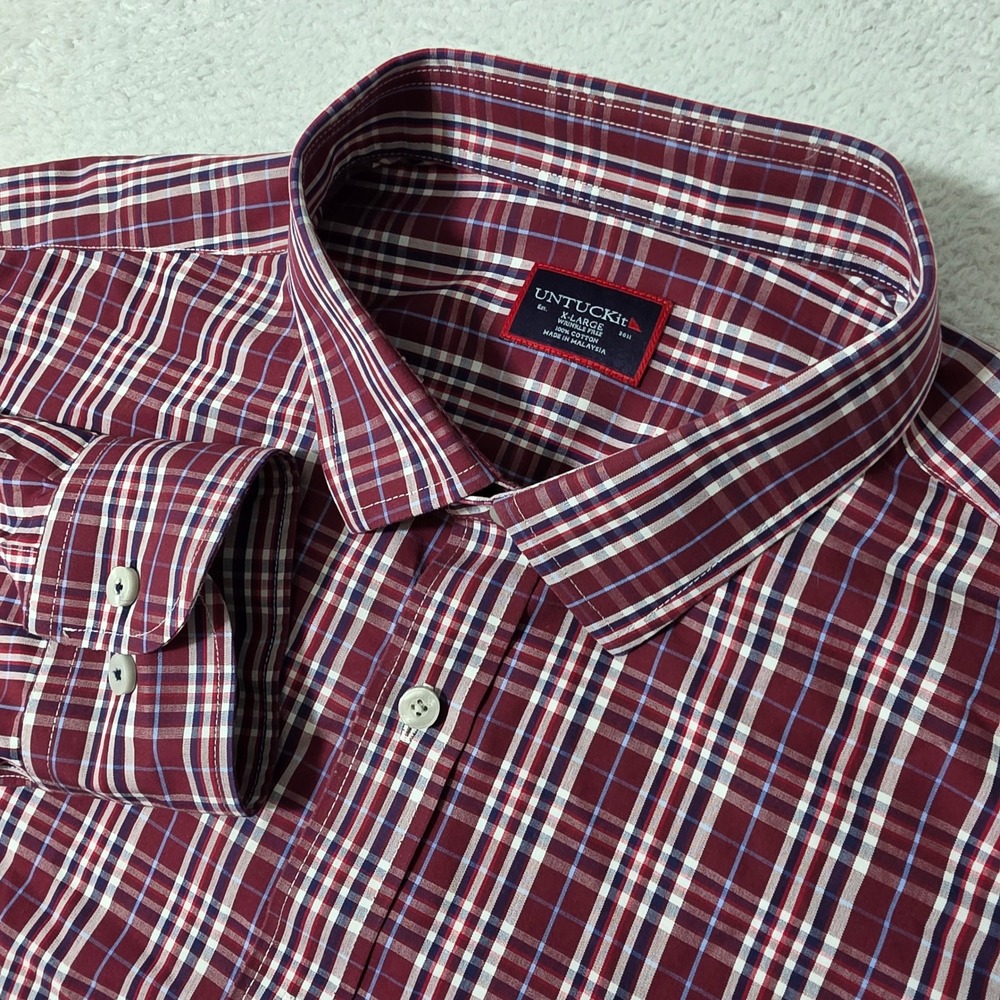 NEW UNTUCKit Button Down Mens XL Burgundy Plaid Chevalier WF Wrinkle Free L/S